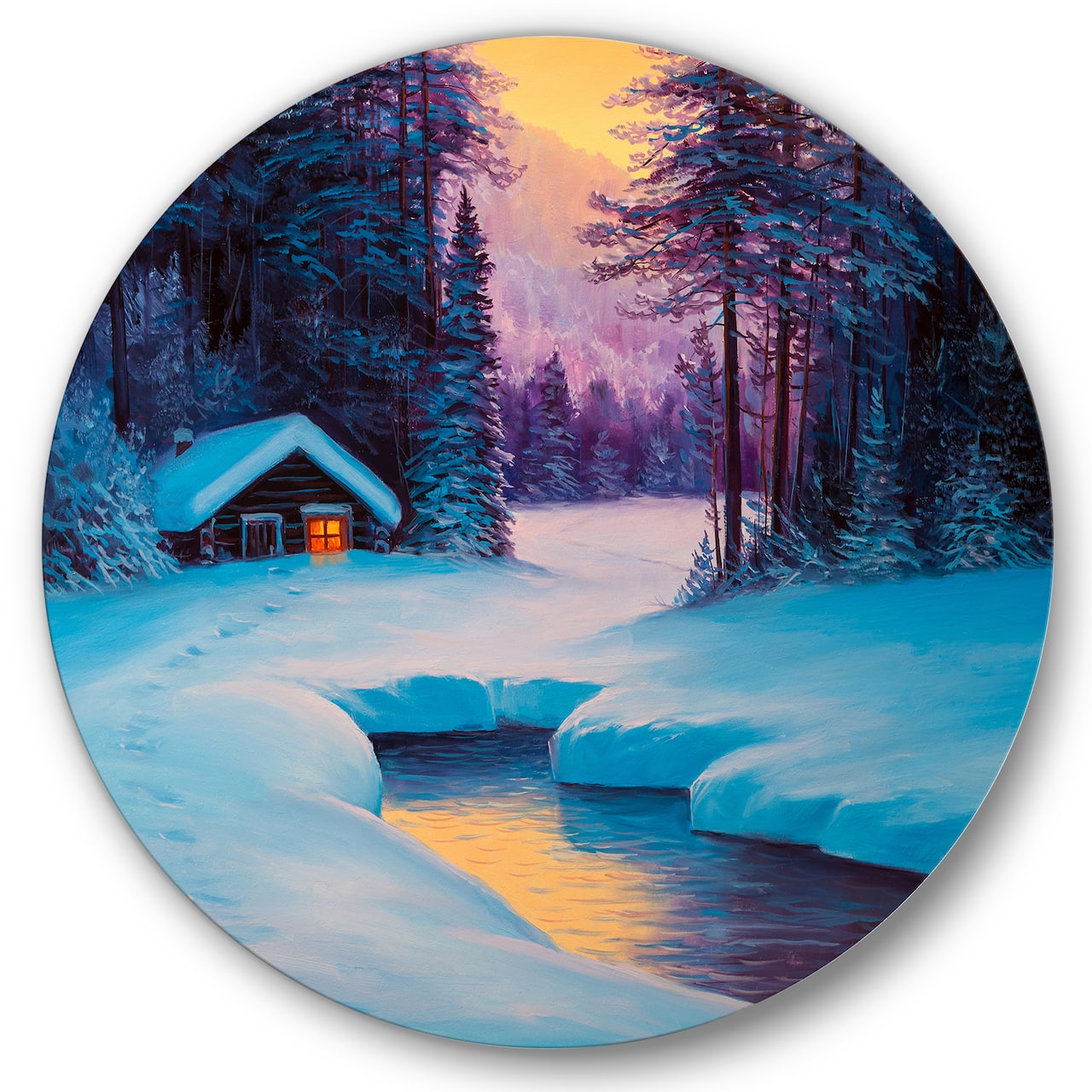 Designart - Old Cabin In Winter Forest II - Traditional Metal Circle Wall Art